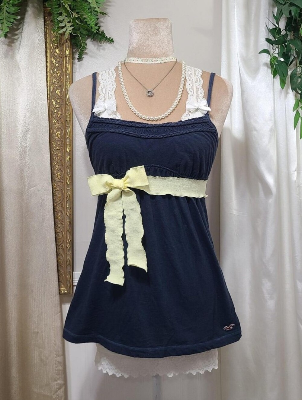 ♡ Y2K ♡ Hollister Navy Blue Babydoll Butter Yellow Waist Tie Tank Top